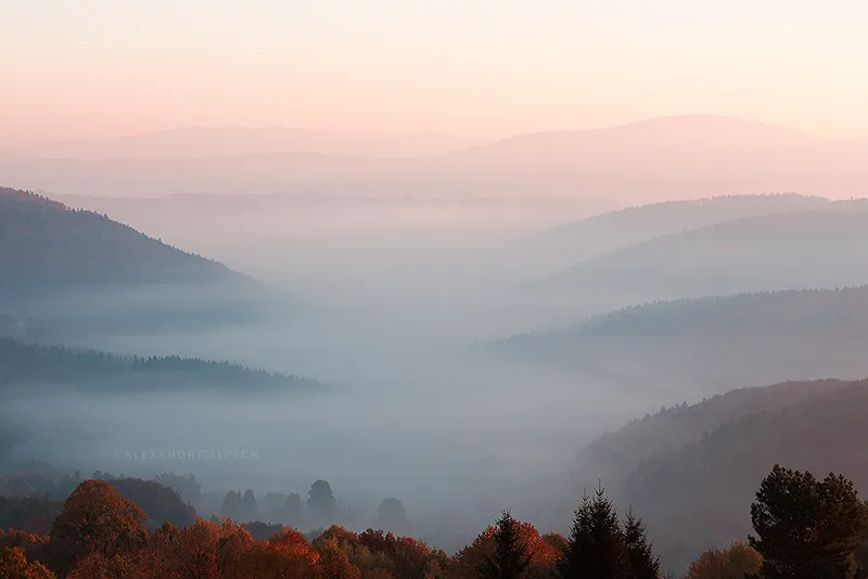 Heavy fog spreading in the valley in White Carpathians, Czech Republic during the Autumn