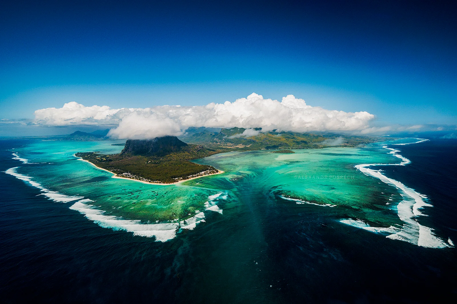 Original aerial view of Mauritius Island with the unique underwater waterfall